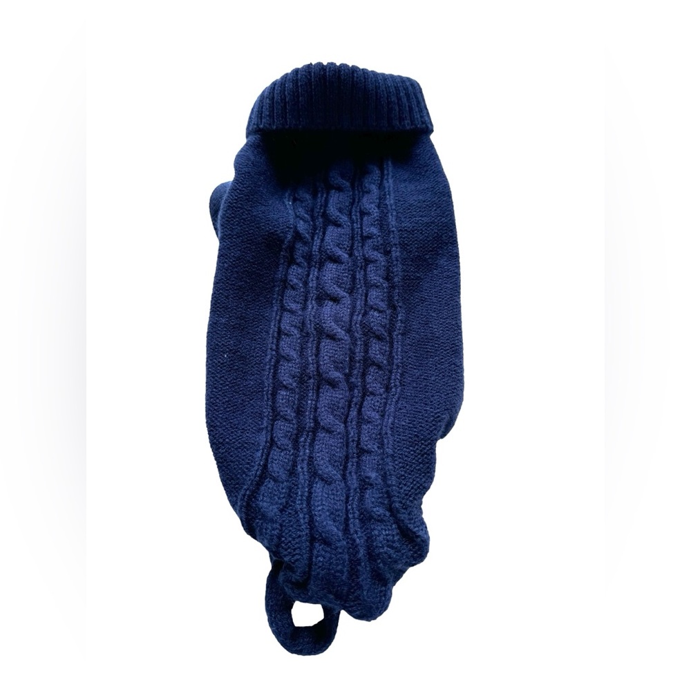 Navy blue cabled sweater for a small dog. GC